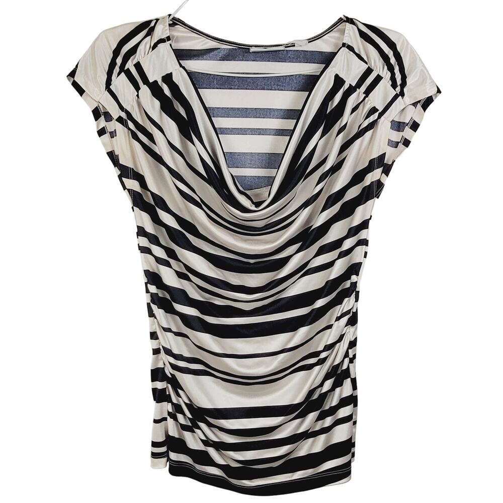 New York and Company black and white striped draped front ruched blouse size XS